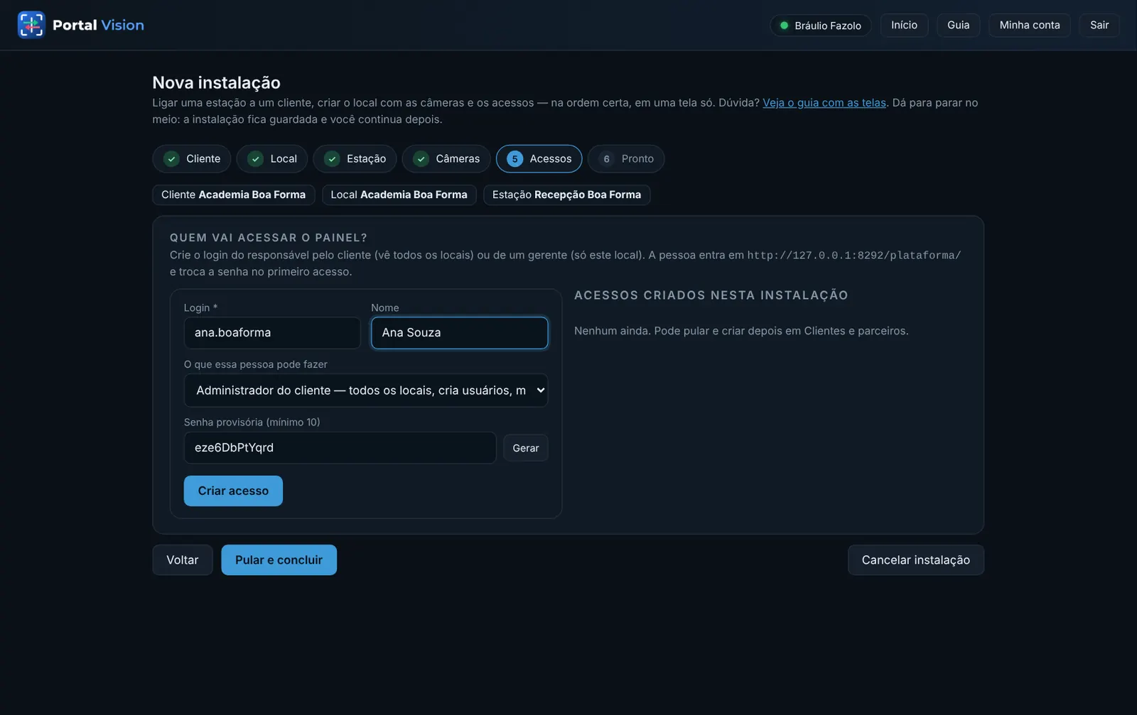 Passo 5: criar o acesso do cliente
