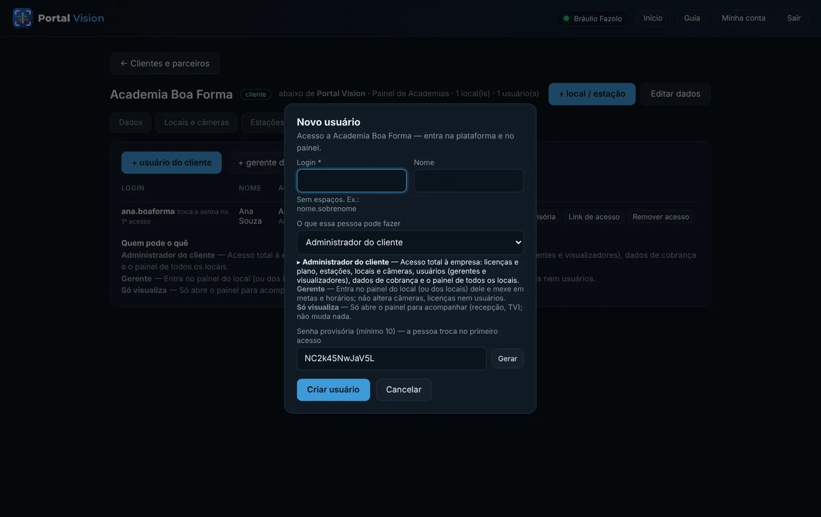 Novo usuário: login, nome, e-mail, papel e senha provisória