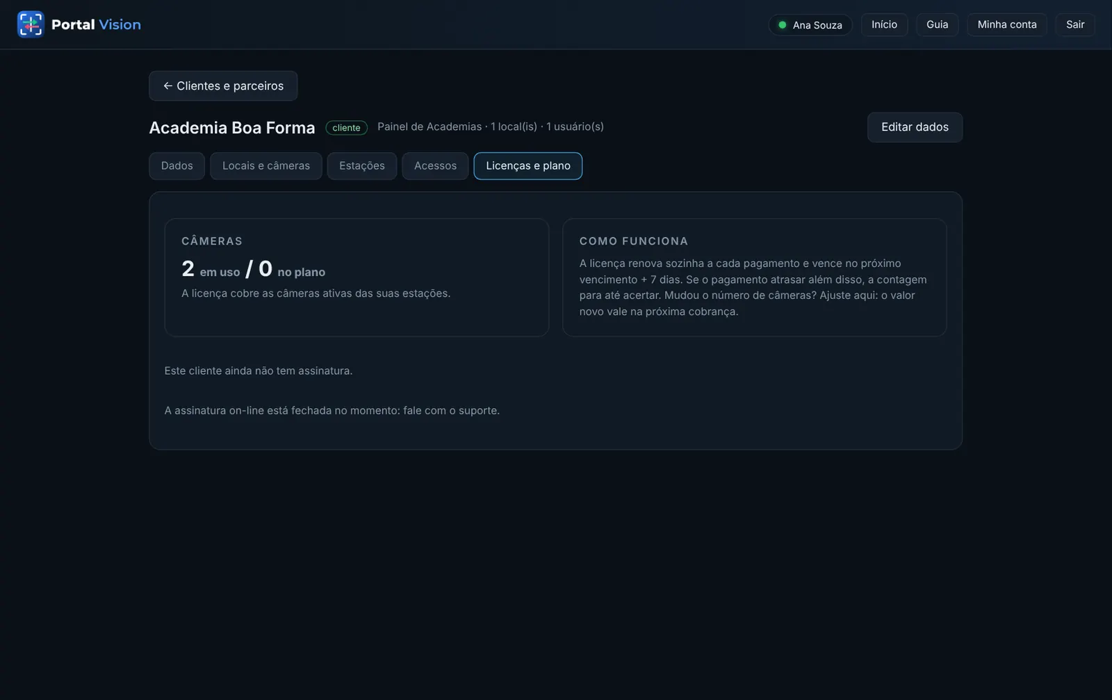 Sua empresa → Licenças e plano