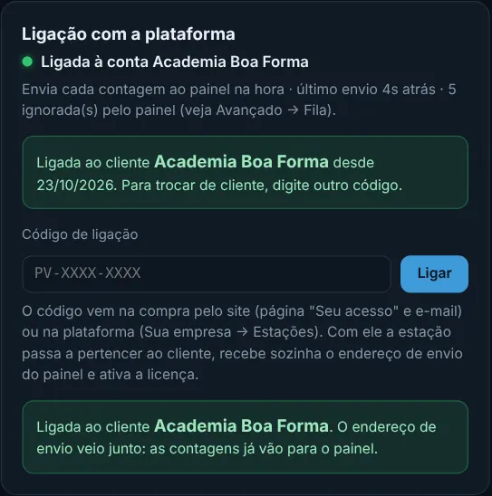 O cartão Ligação com a plataforma depois de ligar: cliente, endereço de envio e situação