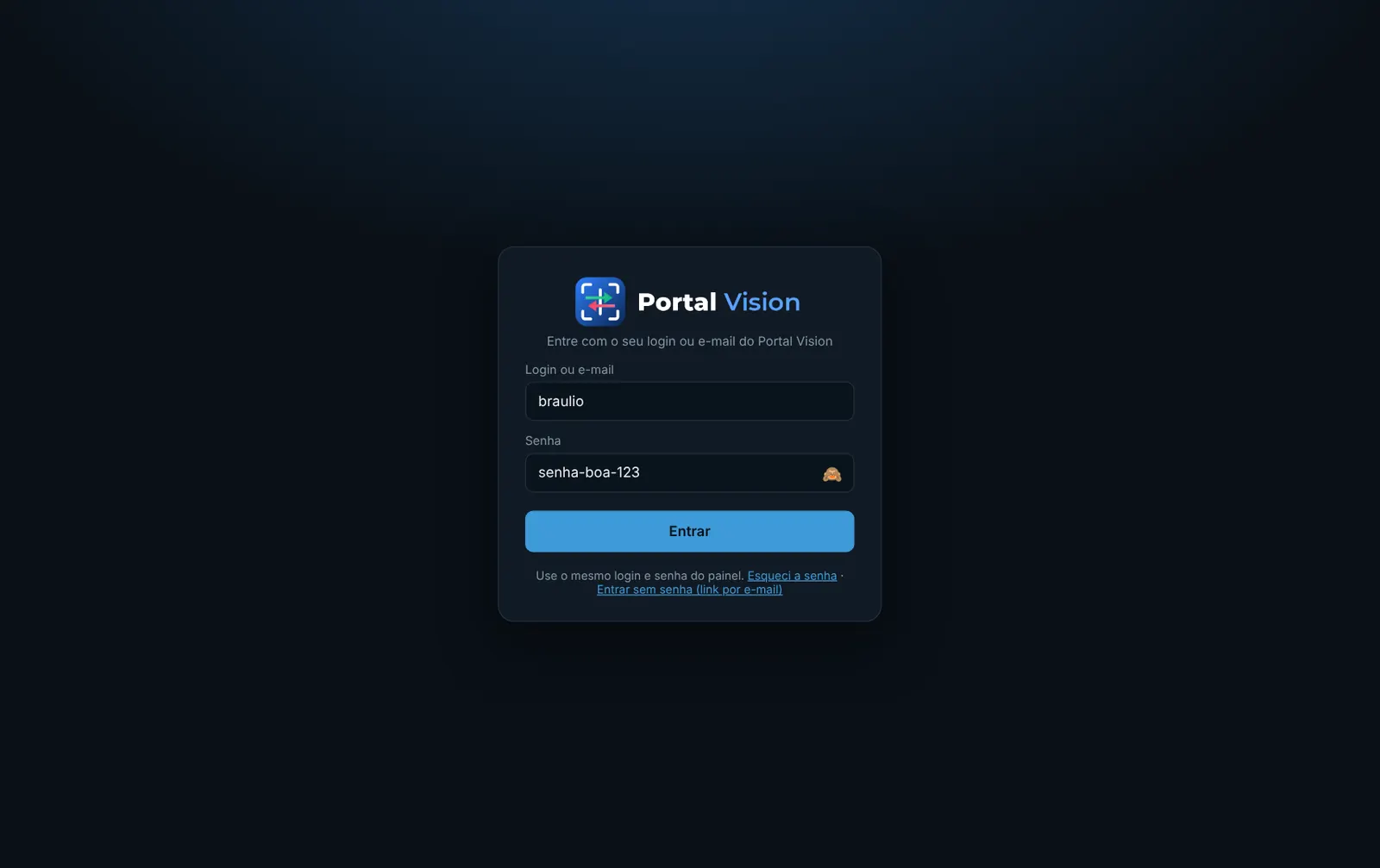 Login (ou e-mail) e senha preenchidos