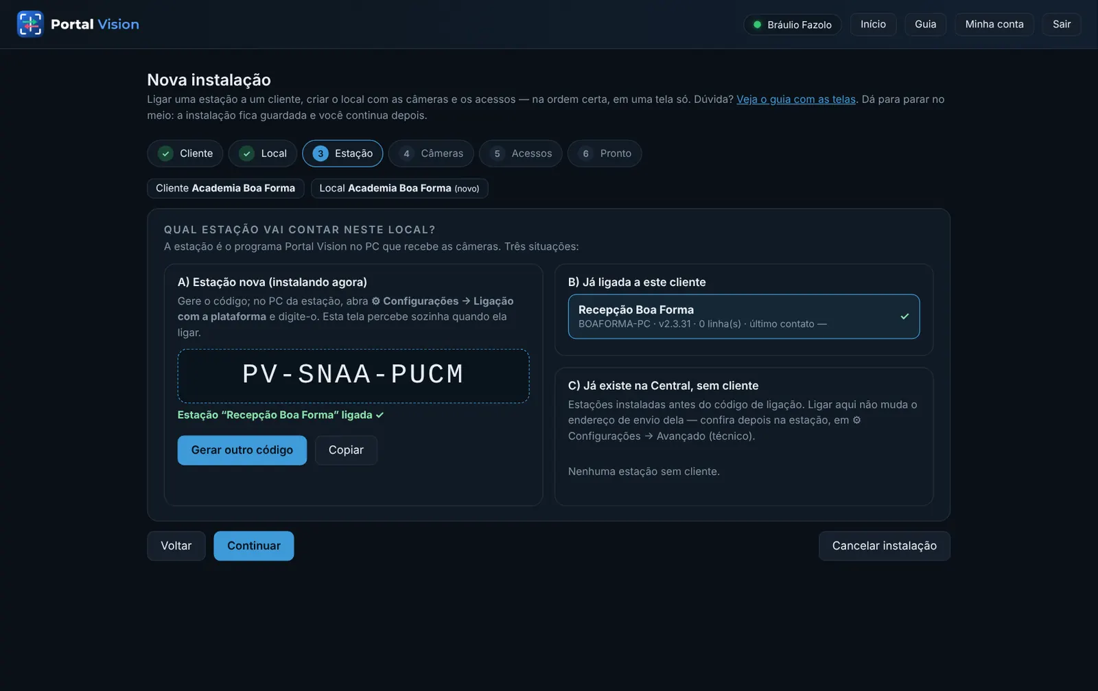 Passo 3 na plataforma: a estação foi percebida (“ligada ✓”)