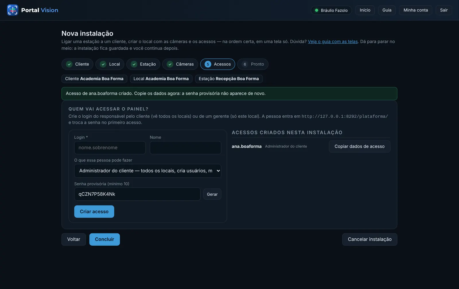 Acesso criado: copie os dados agora
