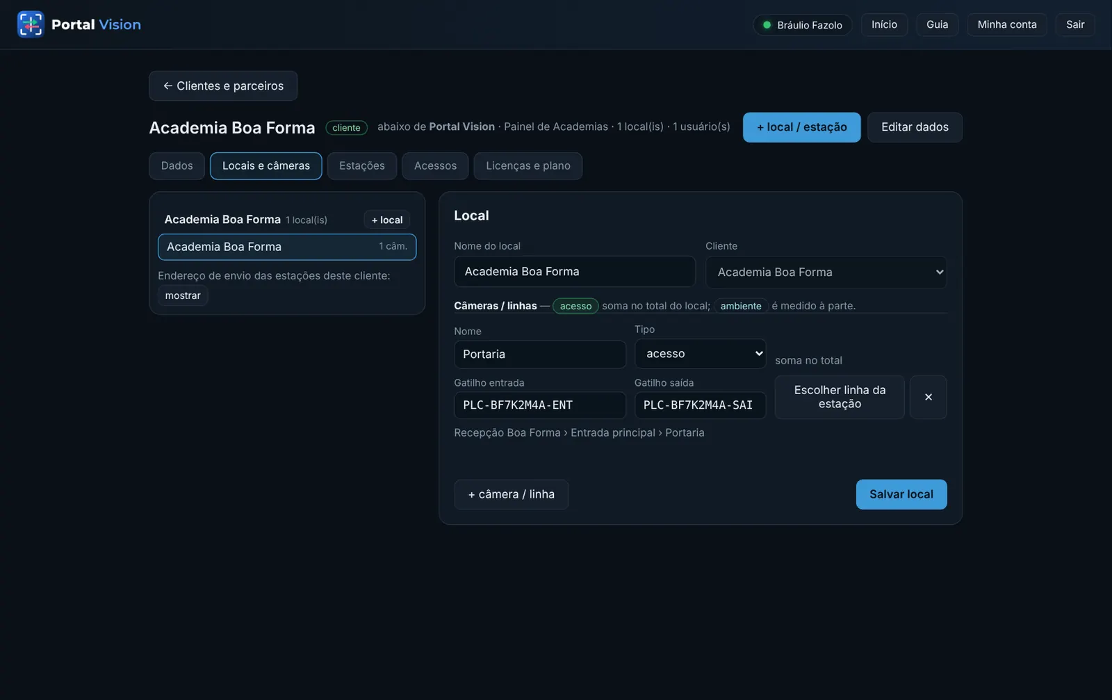 Aba Locais e câmeras, com o editor do local aberto